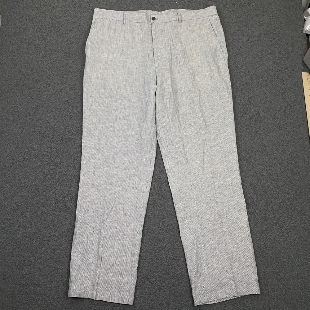 Tasso Elba Linen Dress Pants Mens 38x32 Chambray Stripe Blue White Event Casual